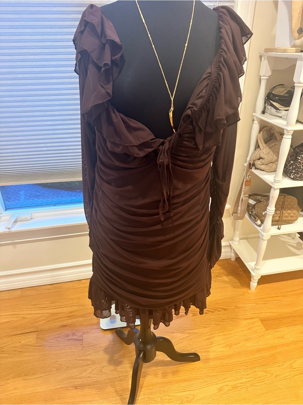 SHEIN Brown Ruched Ruffle Mini Dress Tie Front Long Sleeve